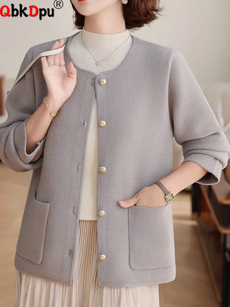 

Корейские модные шерстяные пальто, топы, женские повседневные однобортные свободные верхние одежды с круглым вырезом, осенне-зимние однотонные куртки с длинными рукавами, новинка