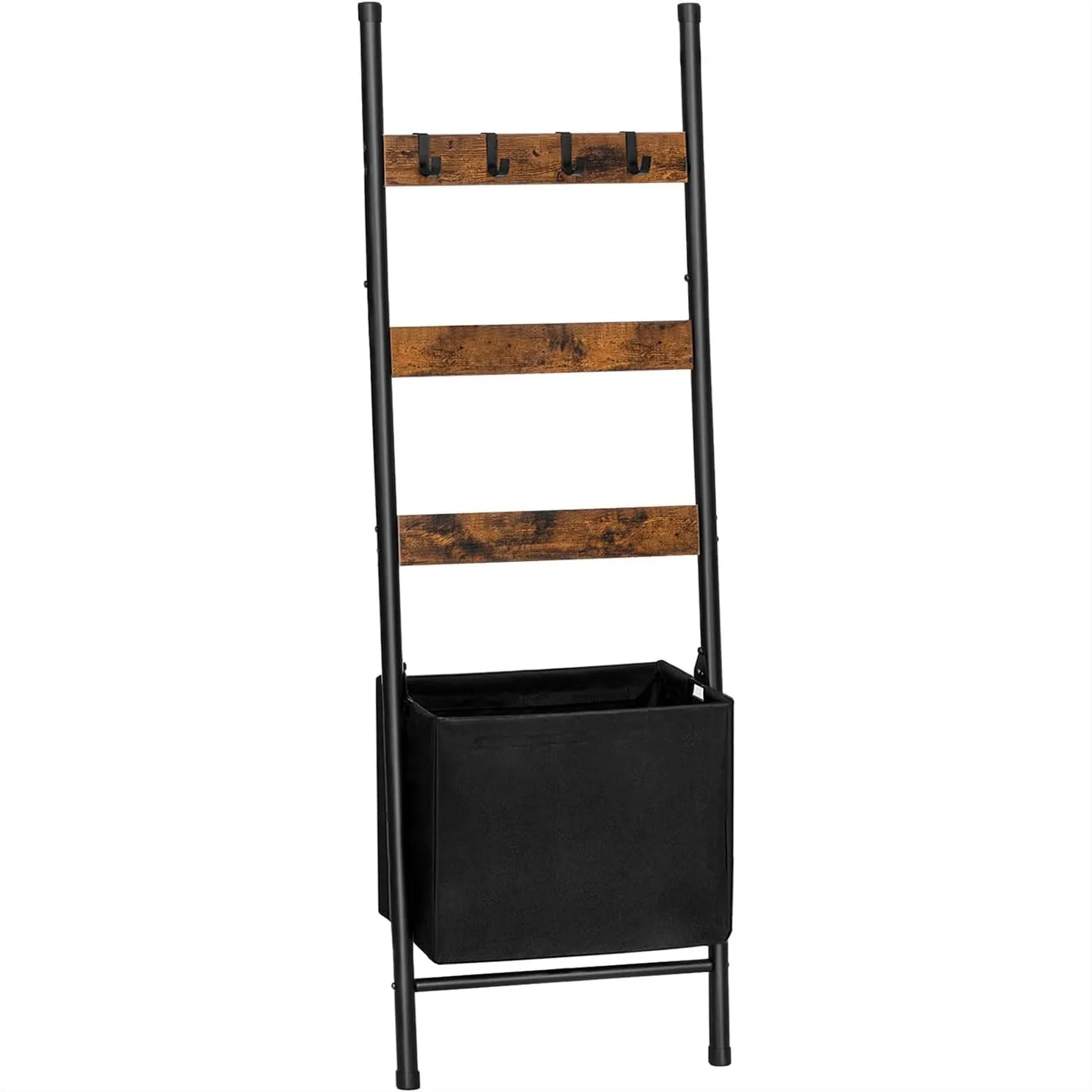 

Blanket Ladder with Basket, 63.4" Towel Rack with Hooks for Bathroom Living Room, Rustic Brown Storage Display Rack