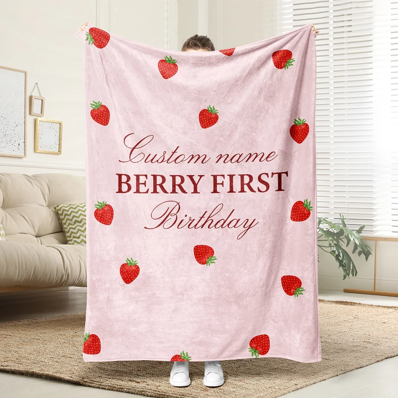 

Strawberry Custom Name Birthday Flannel Blanket Soft Plush Cozy Sofa Bed Gift