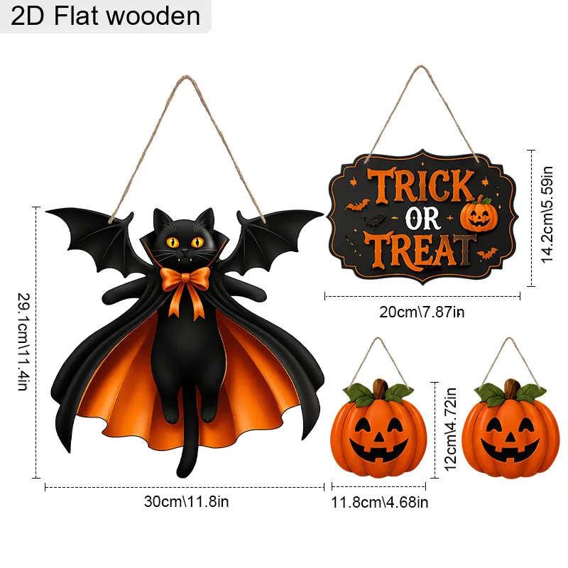 Halloween Vampire Black Cat Pumpkin Trick Or Treat Wooden Sign Set 2D Flat Print Front Door Hanging Plaque Halloween Party