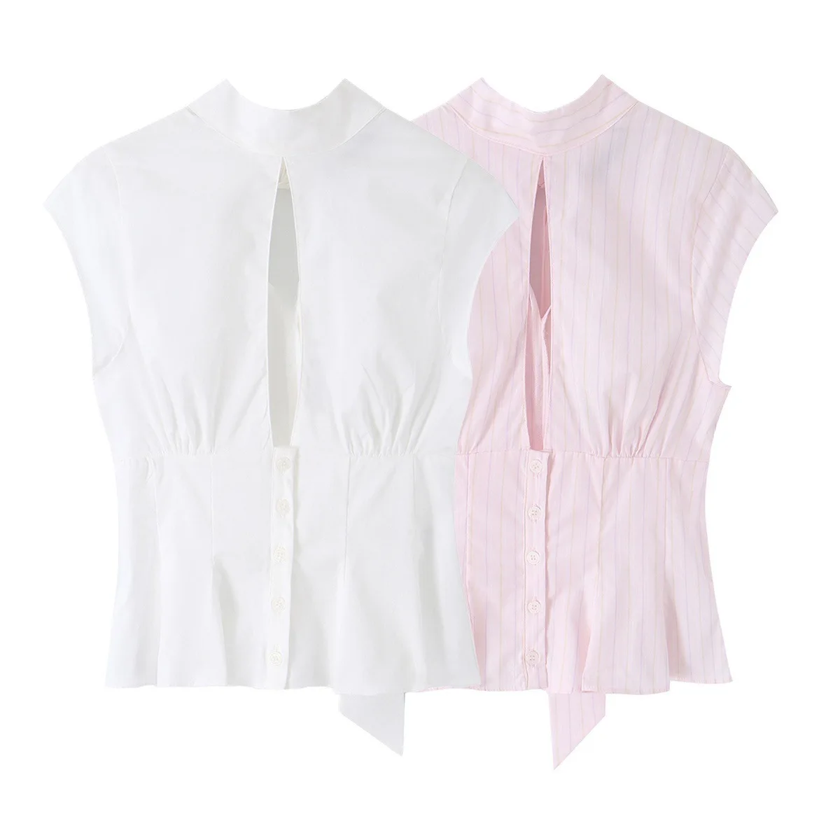 Dave&Di Women's New Bow Decoration Slim Fit Open Cut Poplin Top Blouses Women's Clothes Shirts Tops