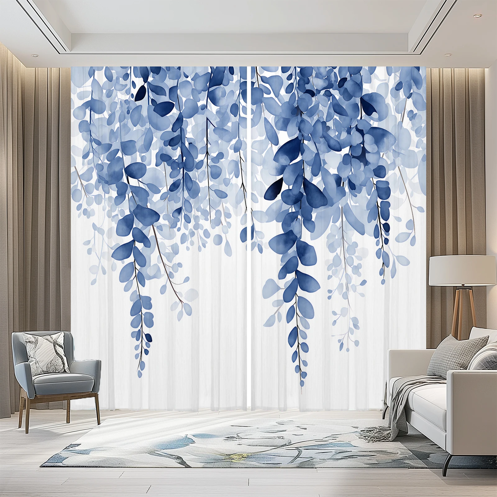 

Abstract Blue Leaf Branch Tulle Curtains Window Screen Finished Translucent Curtains For Living Room Bedroom Children Room