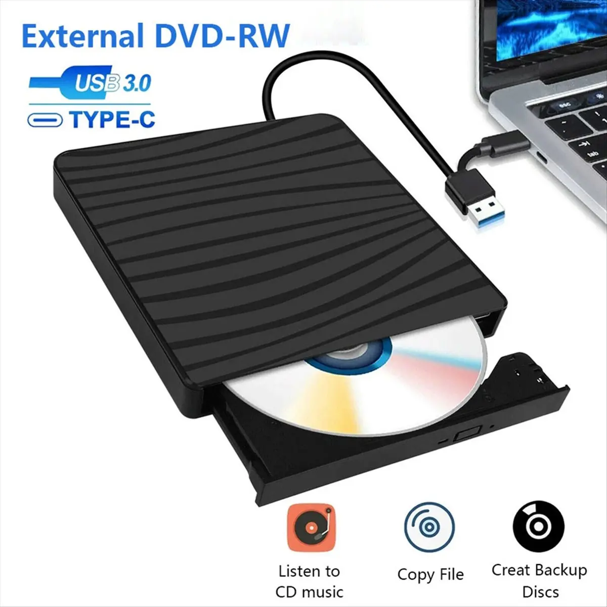 External CD/DVD Drive for Laptop, USB A/C 3.0 CD DVD Player Portable +/-RW Burner CD ROM Reader Writer Disk Duplicator