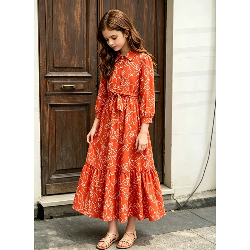 Teen Girls Red Outline Print Long Sleeve Dress, Stand Collar Gathered Waist Layered Ruffle Swing Casual Kids Outfit