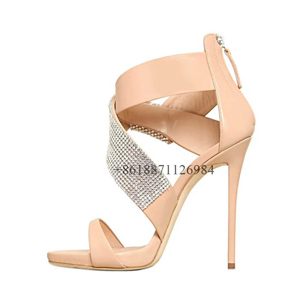 Naked Color Round Toe Summer Women Sandals With Rhinestone Stiletto High Heels Back Zipper Design Large Size Party Shoes