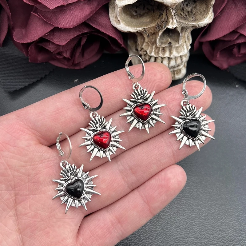 1 Pair Flaming Sacred Heart Earrings Enamel Thorns Sacred Heart Mexican Jewelry Earrings Sacred Heart of Jesus Religious Jewelry