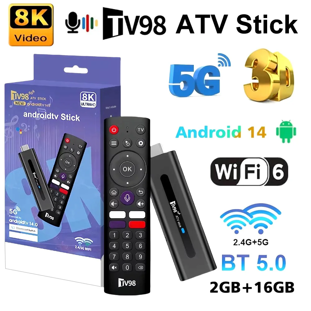 

TV98 Mini TV Stick Android 14 TV Stick HDR Set Top Box 8K Video WiFi 2,4/5G Streaming Smart TV Box для сетевого медиаплеера