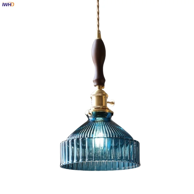 

IWHD Walnut Wood LED Pendant Lights Coffee Balcony Restaurant Nordic Modern Brass Knob Switch Blue Glass Home Decor Hanging Lamp