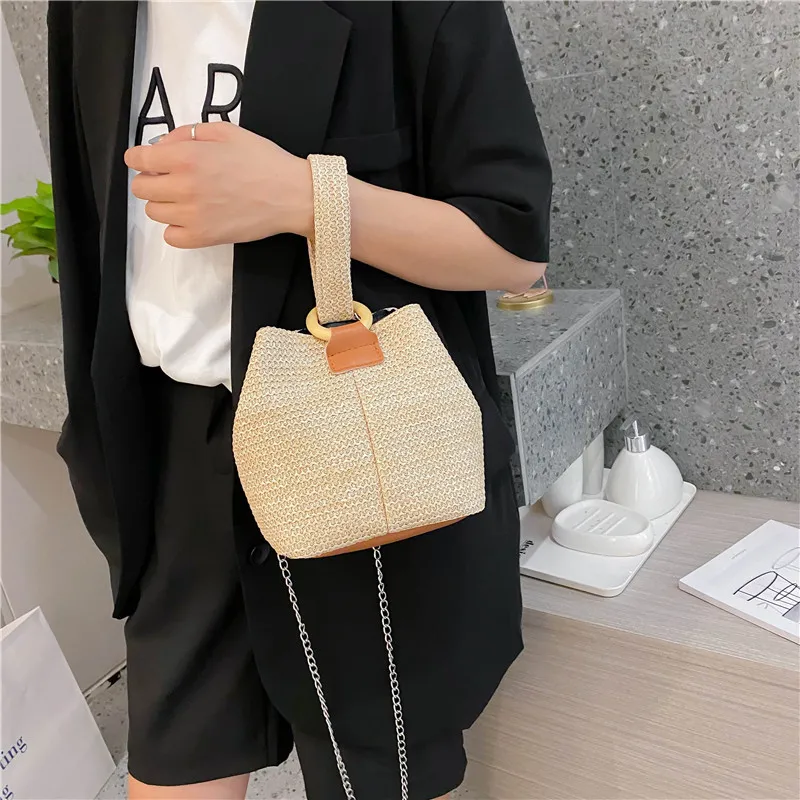 Designer Women Bag Woven Handbag 2024 Summer Woven Bucket Crossbody Chain Shoulder Bags Bohemian Female Handmade Rattan Tote sac