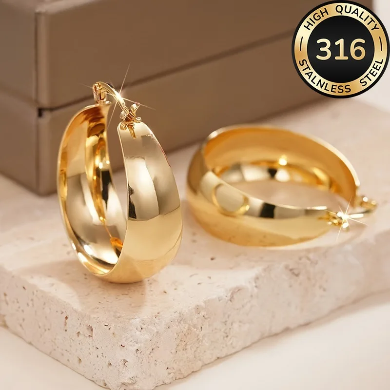 316 Stainless Steel Wide Band Hoop Earrings Gold Silver Tone Chunky Curved Large Circle Earring Luxury Minimalist Daily Jewelry view 4