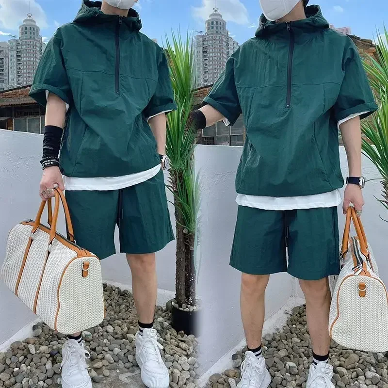High Quality Handsome Sweatshirt Suit Men's Casual Hooded Solid Short Sleeve T-shirt Shorts Loose Fashion Summer Cargo Style Set