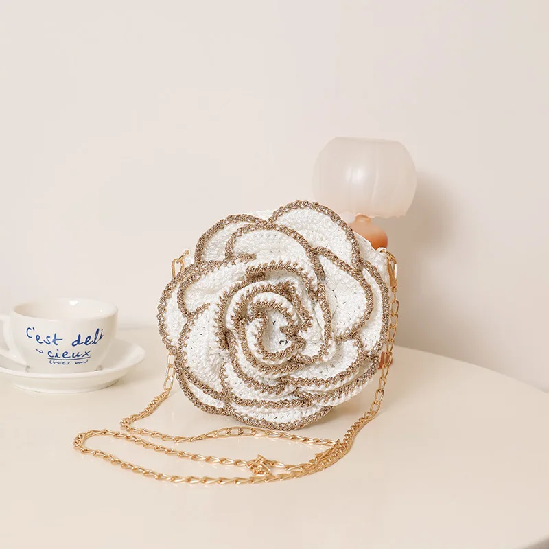 

2026 New Fashionable Golden Edge 3D Camellia Weaving Bag Hand crochet Flower Bag Beach Vacation Beach Bag