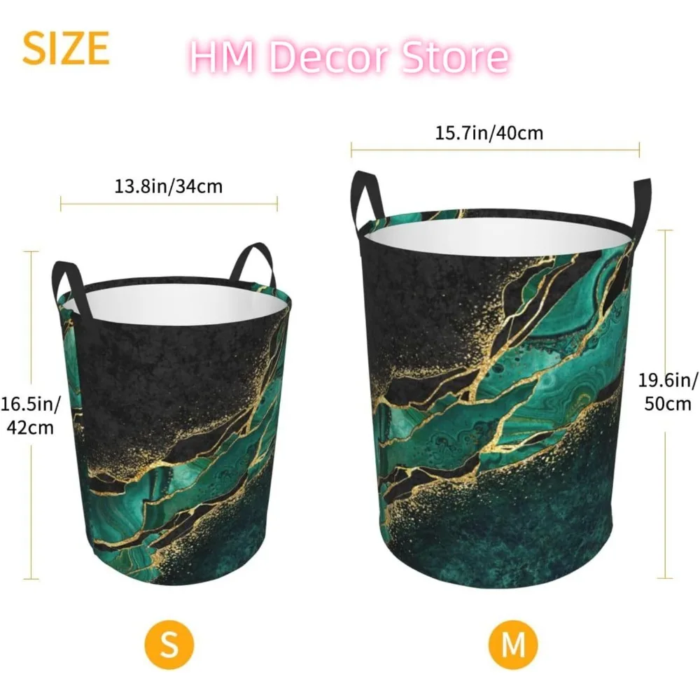سلة غسيل من الرخام الأسود والأخضر مع عروق ذهبية مع مقبض قماش قابل للطي مقاوم للماء سلة تخزين مستديرة للخفافيش #5