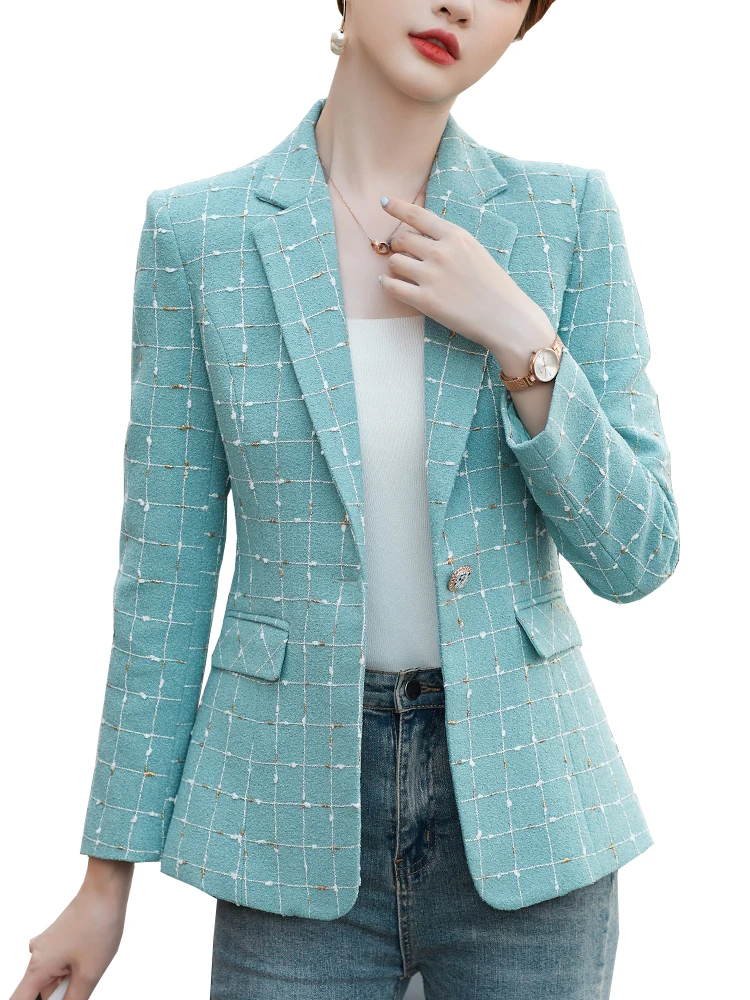 Blue White Plaid Women Casual Blazer And Jacket Ladies Female Long Sleeve Single Button Slim Coat Large Size Blazer