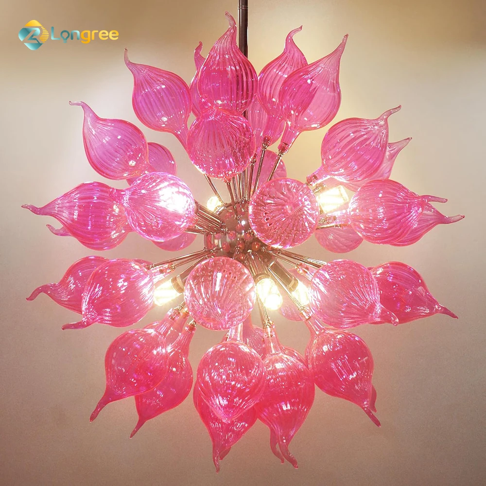 Longree Pink Flower Bud Hanging Pendant Light Fixture Art Decor Glass Chandelier Light for Foyer Entryway Dining Room