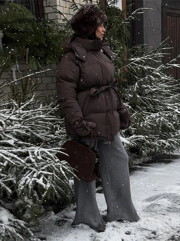 겨울 따뜻한 후드 코튼 재킷 여성 패션 스탠드넥 지퍼 긴 소매 레이스업 코트 2025 여성 시크 캐주얼 아우터웨어