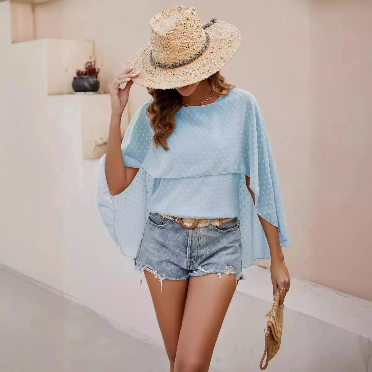 2025 Spring/Summer Short Sleeve Hollow Vacation Round Neck Button Casual Shirt Top Elegant Blue Beige Blouse Top Shirts Blouses