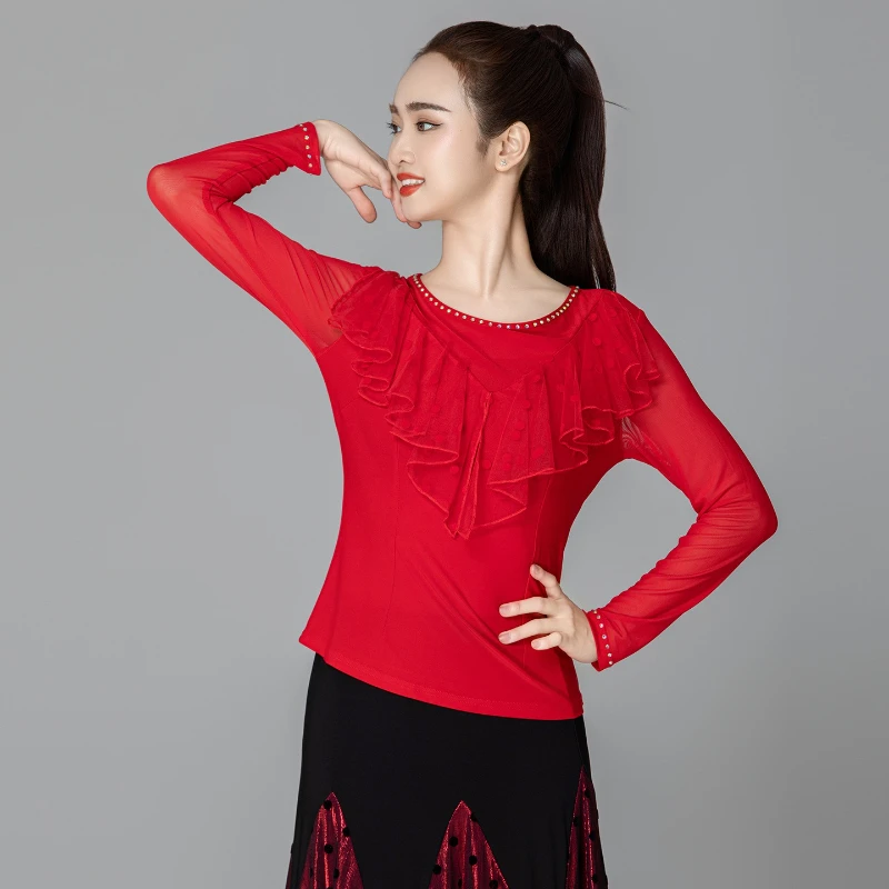 ชุดเต้นลาตินและบอลรูมที่ใส่สบายและหลากหลายสไตล์ ชุดเต้นวอลซ์แขนยาวปานกลาง เสื้อบอลรูมทันสมัยสำหรับสุภาพสตรี