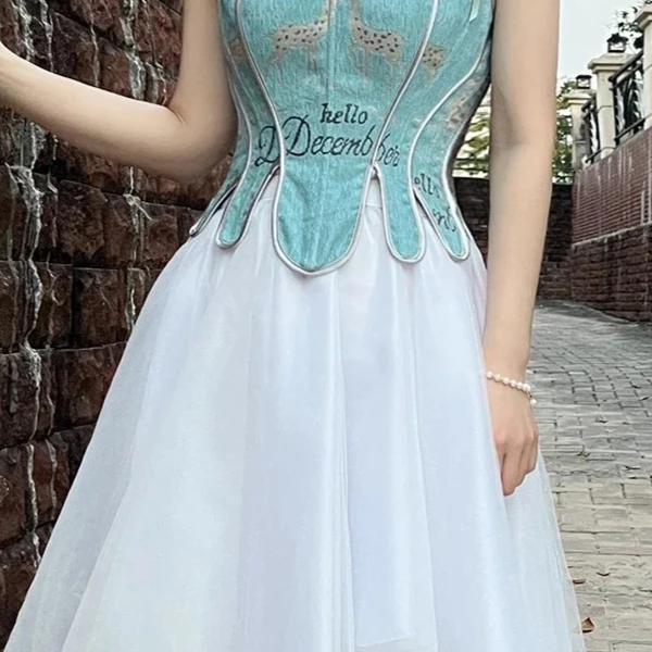 

Silver Deer Print Embroidery Overbust Corset Cami Streetwear Blue Antique Spring Autumn Winter Corselet