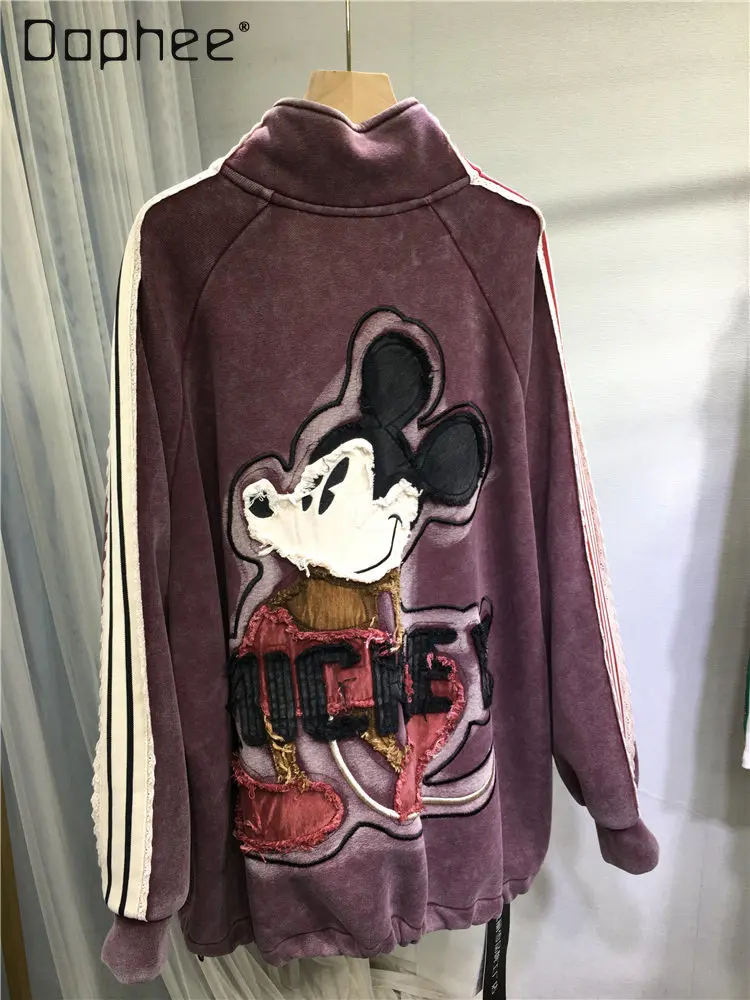 

Утепленная теплая толстовка с милым мультяшным принтом и полосками, с длинными рукавами, флисовая, женская, осенне-зимняя, средней длины, свободного кроя