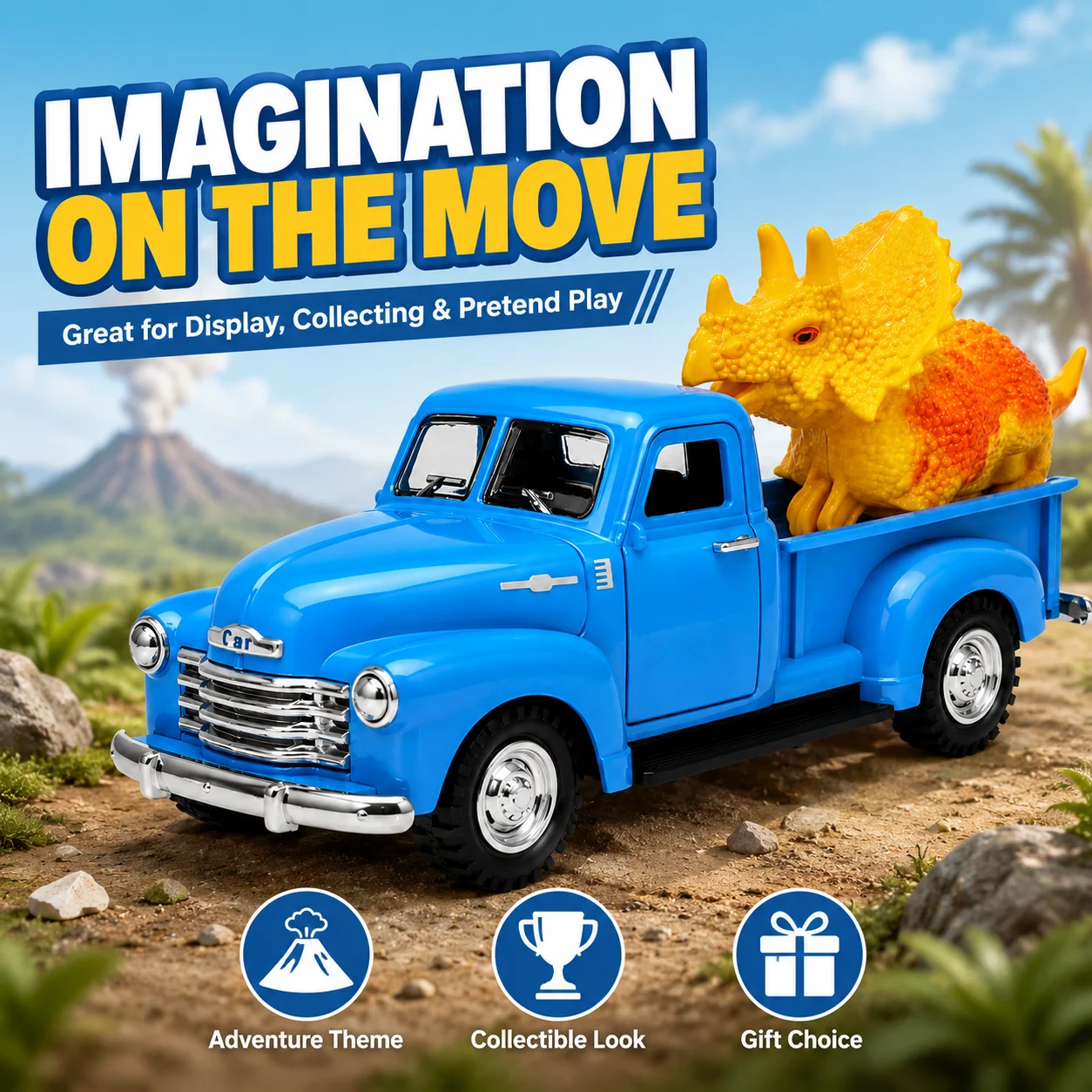 MQUDUO Dinosaur Pickup Truck Playset, 1:36 Blue Retro Cargo Vehicle with Yellow Triceratops Figure and Rolling Wheels Gift