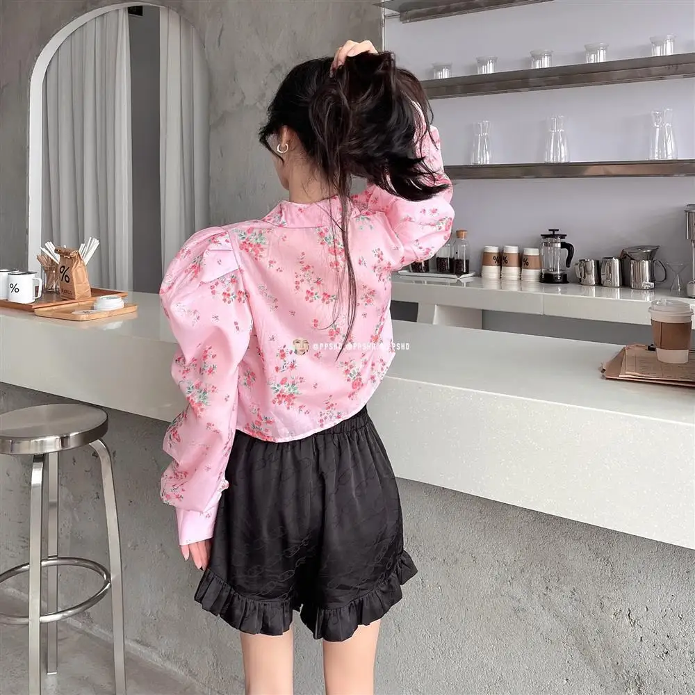 Shirts Women Sweet Floral Ladies Pink Spring New Arrival Lantern Sleeve Navel Crop Top Fashion Aesthetic Loose BF Chemise Femme