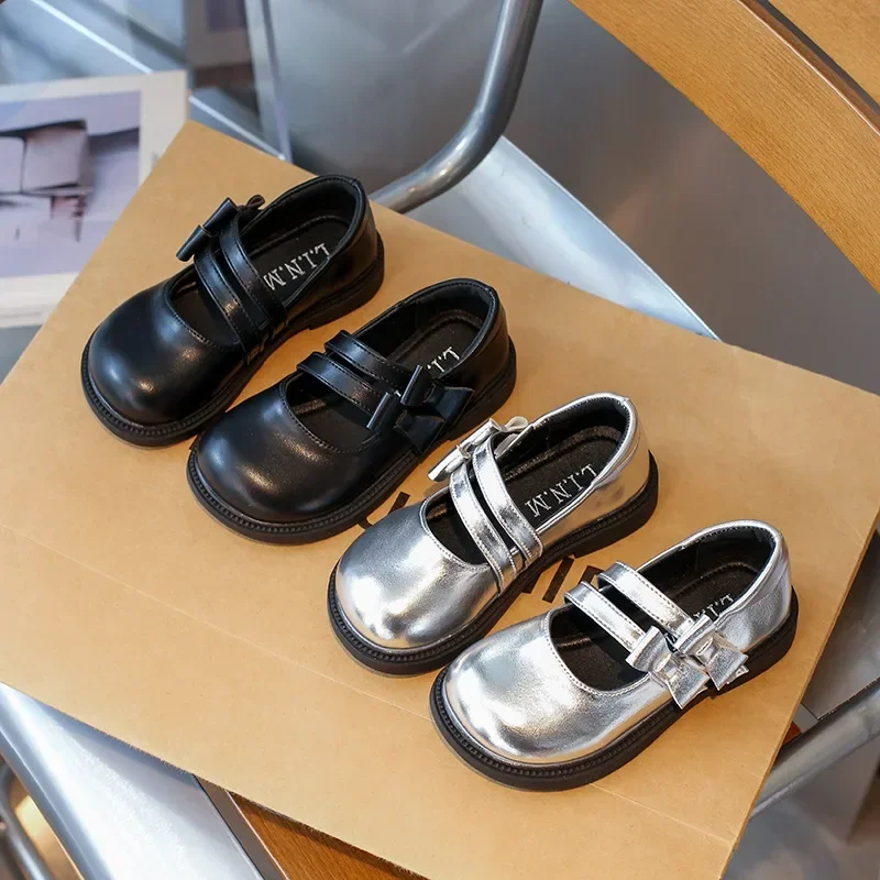 

Girls Princess Ballet Shoes Black Silver Versatile Children's Leather Shoes Fashion Sweet Kids Performance Flat Shoes New