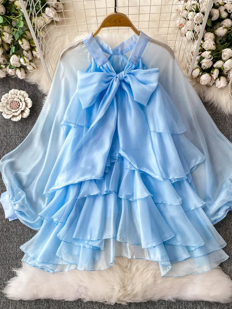 

Gentle Blue Knot Lantern Sve irt Women Summer Sweet Slimming Fairy Lotus Le Top Korean Sle Commute