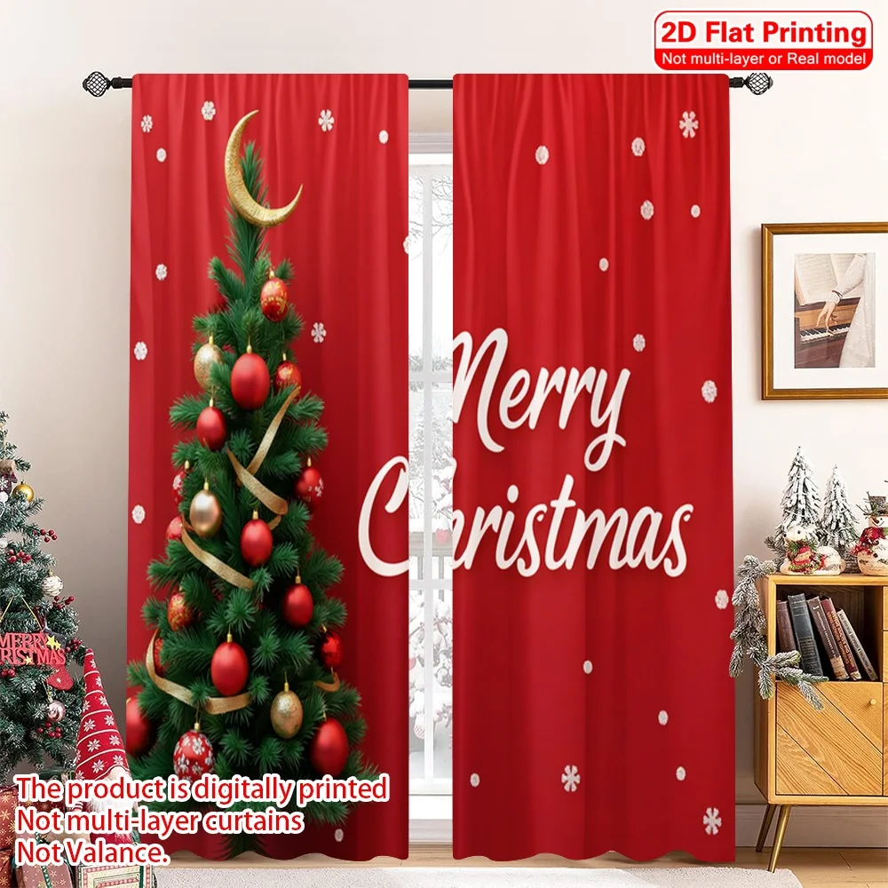 

2pcs 2D flat printing Christmas Party Curtain Merry Christmas Tree Ornaments Polyester Fabric Without Electricity Spring Perfect