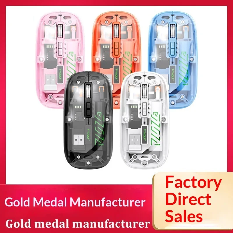 T-Wolf X11 Dual Mode Wireless Mouse Rechargeable Silent Bluetooth Usb Transparent With Type C Charging Power Display For Office