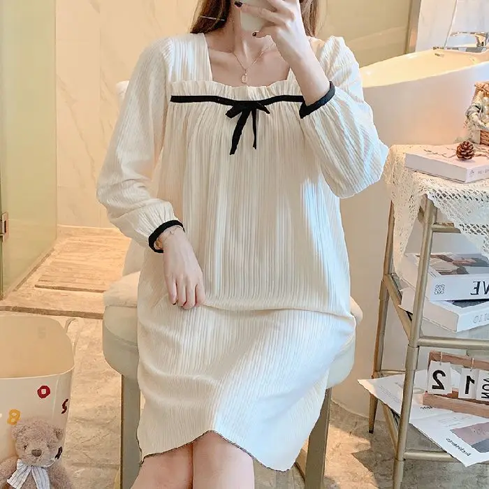 Women Long Sleeve Cotton Nightgown Princess Square Neck Bow Homewear Loose Sleepshirt Sweet Nightdress Cozy Homedress Lingerie