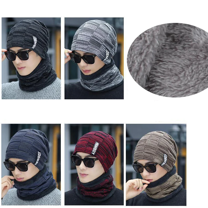 Scaldacollo cappello lavorato a maglia sciarpa Set fodera in lana di pelliccia spessa berretti in maglia calda passamontagna cappello invernale per uomo donna berretto Skullies Bonnet