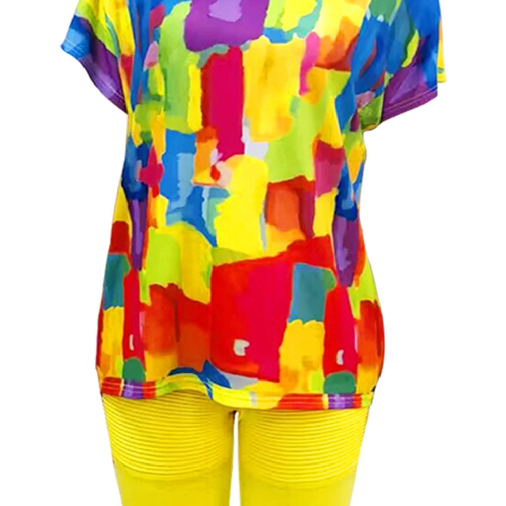 Women Melting Colors All Over Print Skew Neck Top & Drawstring Ruched Shorts Set Female Casual Two Piece Sets For Woman Clothes