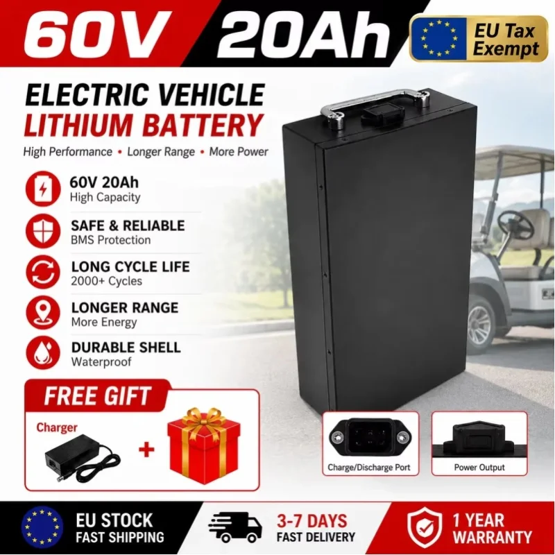 Wiederaufladbarer 60V 20Ah-40Ah Lithium-Ionen-Akku mit großer Kapazität, geeignet für Harley Citycoco Elektrofahrzeuge, 2000W Leistung mit BMS und wasserdichtem Gehäuse + inklusive Ladegerät