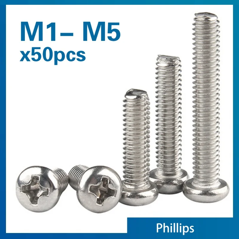 50pcs/lot Cross Recessed PM Pan Round Head Screws M1.2 M1.4 M1.6 M2 M2.5 A2-70 Stainless Steel Phillips Machine Screw