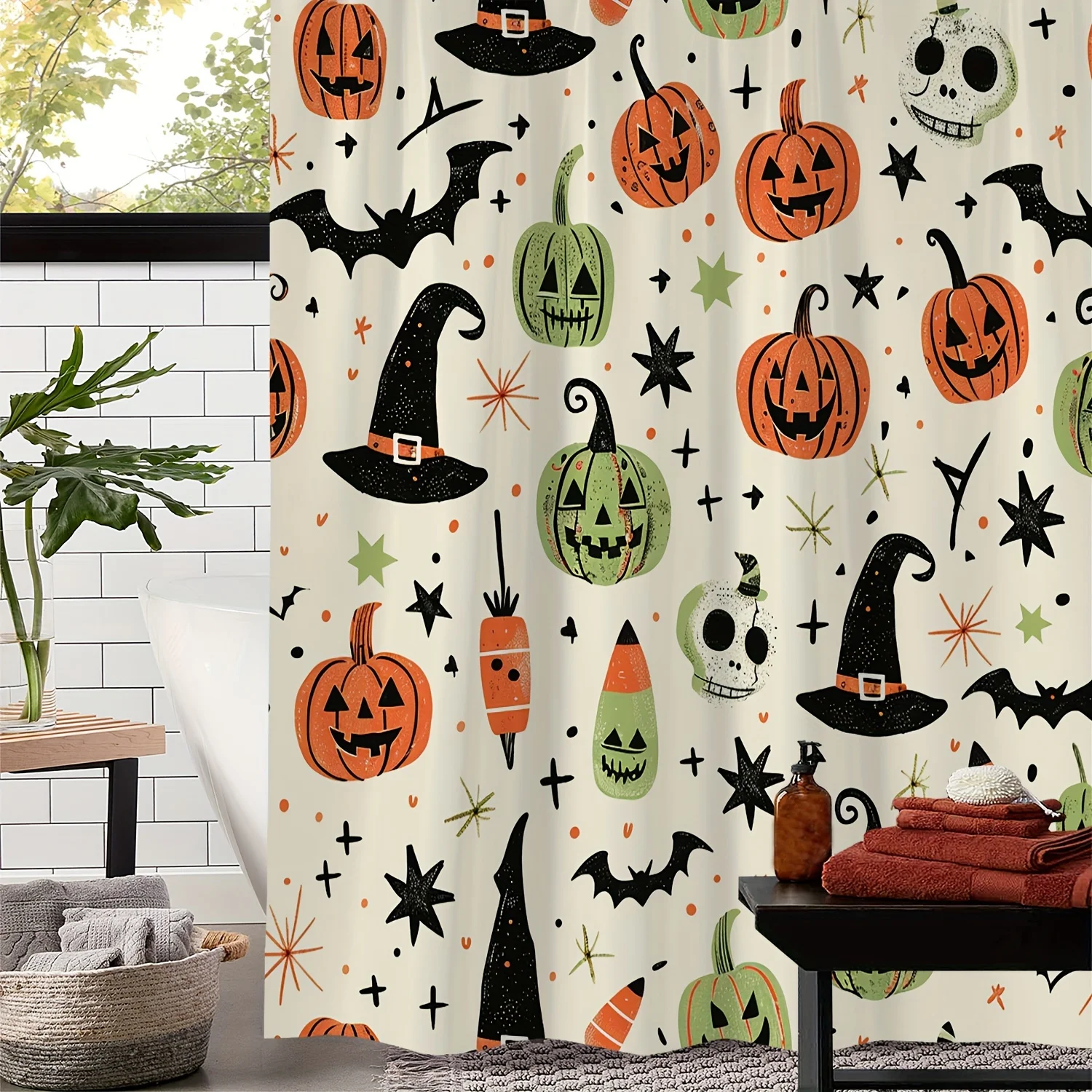 

Хэллоуин Шляпа Ведьмы Тыква Занавеска Для Душа Жуткий Джек-О'-Фонарь, Летучая Мышь, Звезда и Паутина Дизайн