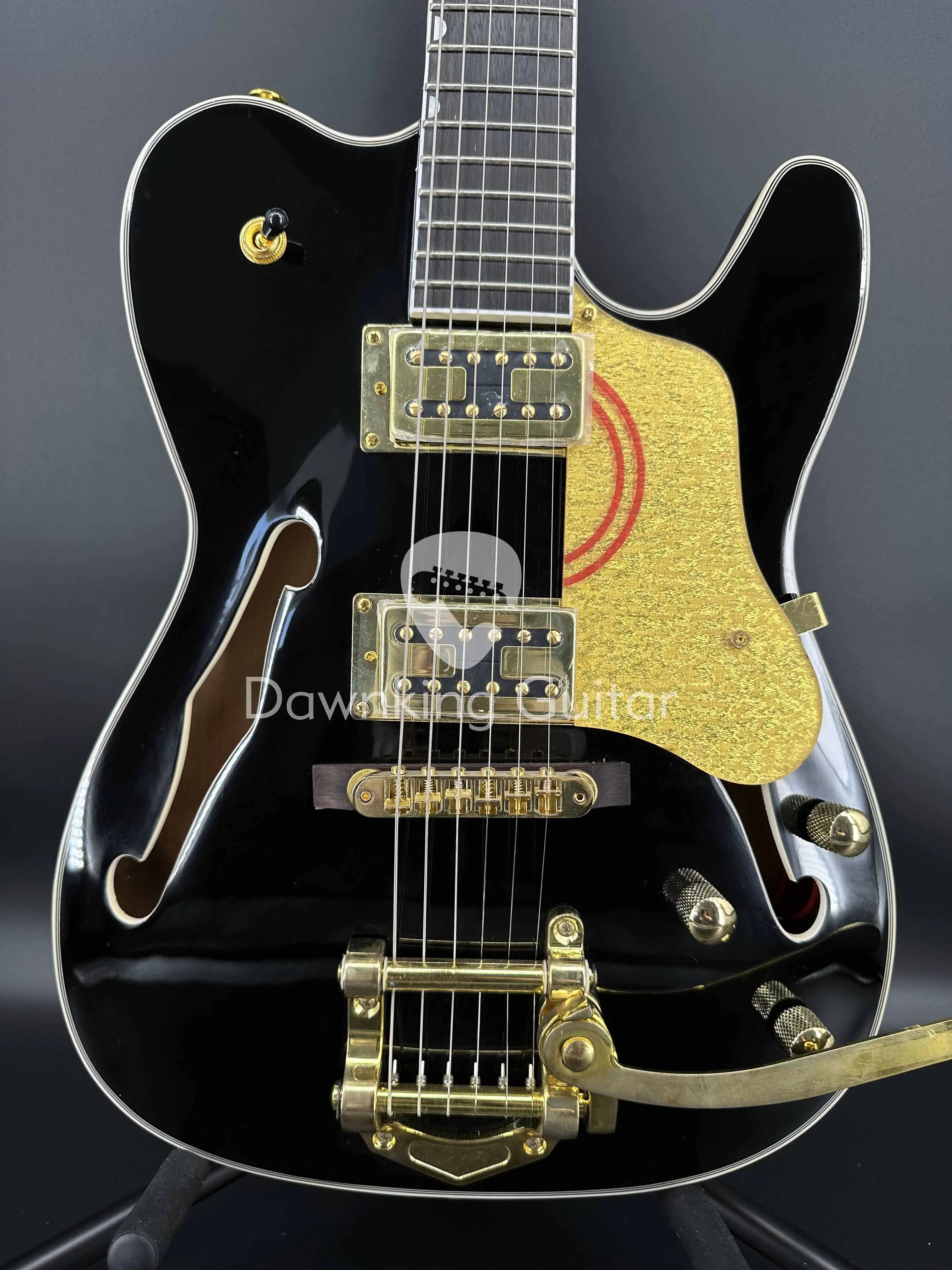 

Electric custom guitar 6 strings black body, half hollow, gold accessories spot free delivery free shipping