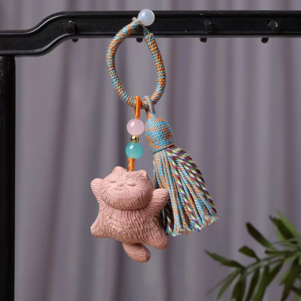 Creative Lacquer Beech Green Sandalwood Carved Star Moon Cat Couple Keychain Worry Stone Hanging Ornament Craft Gift