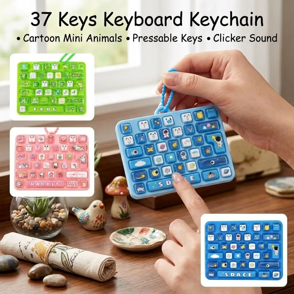 Cartoon 37 Keys Keyboard Keychain Mini Animals Fingertip Button Keyring Clicker Sound Relaxed Stress Relief Fidget