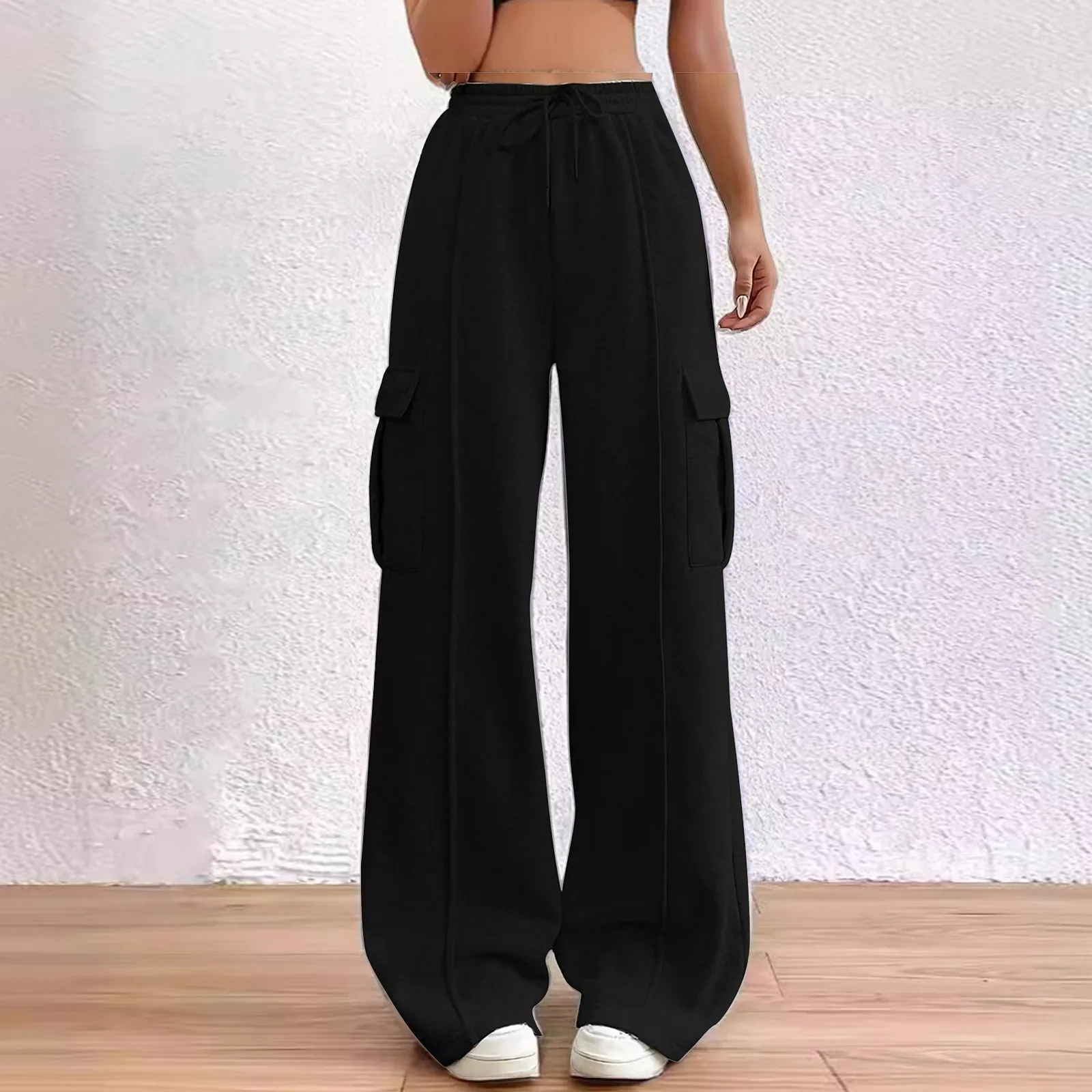 

Spring Women's Bomb Cargo Pants 2024 New Womens High Waist Drawstring Multi Pocket Tie Feet Pockets Straight Leg Wide Leg Pants