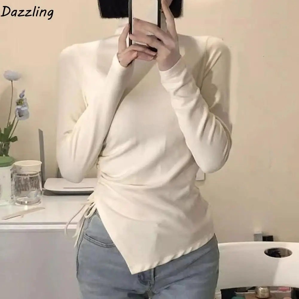 نصف الياقة العالية كم طويل تي شيرت غير النظامية قميص سليم الرباط البلوز قاع قميص بسيط المحاصيل الأعلى المرأة Y2k