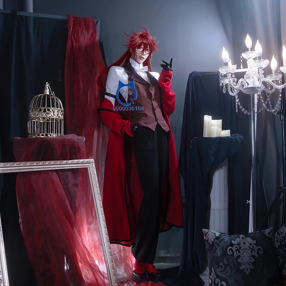 Hot Black Butler Cosplay Costume Anime Grell Sutcliff Role Playing Red Uniform Outfit Men Comic Con Halloween Party Suits Wig view 4