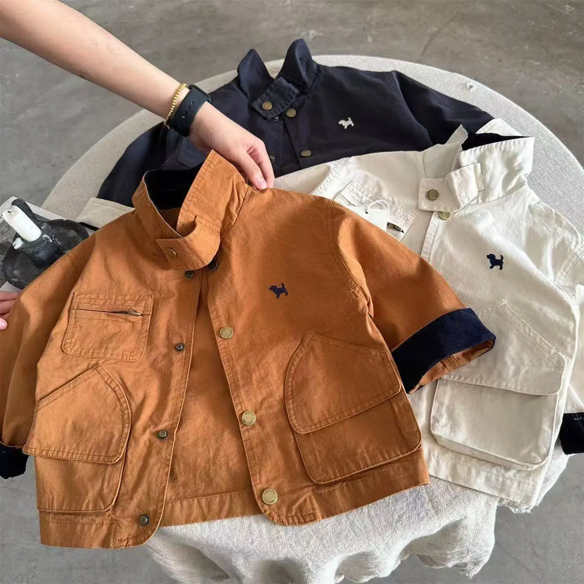 

Children's Spring and Autumn Coat Boys' New Embroidered Jacket Children's Cartoon Pocket Work Jacket