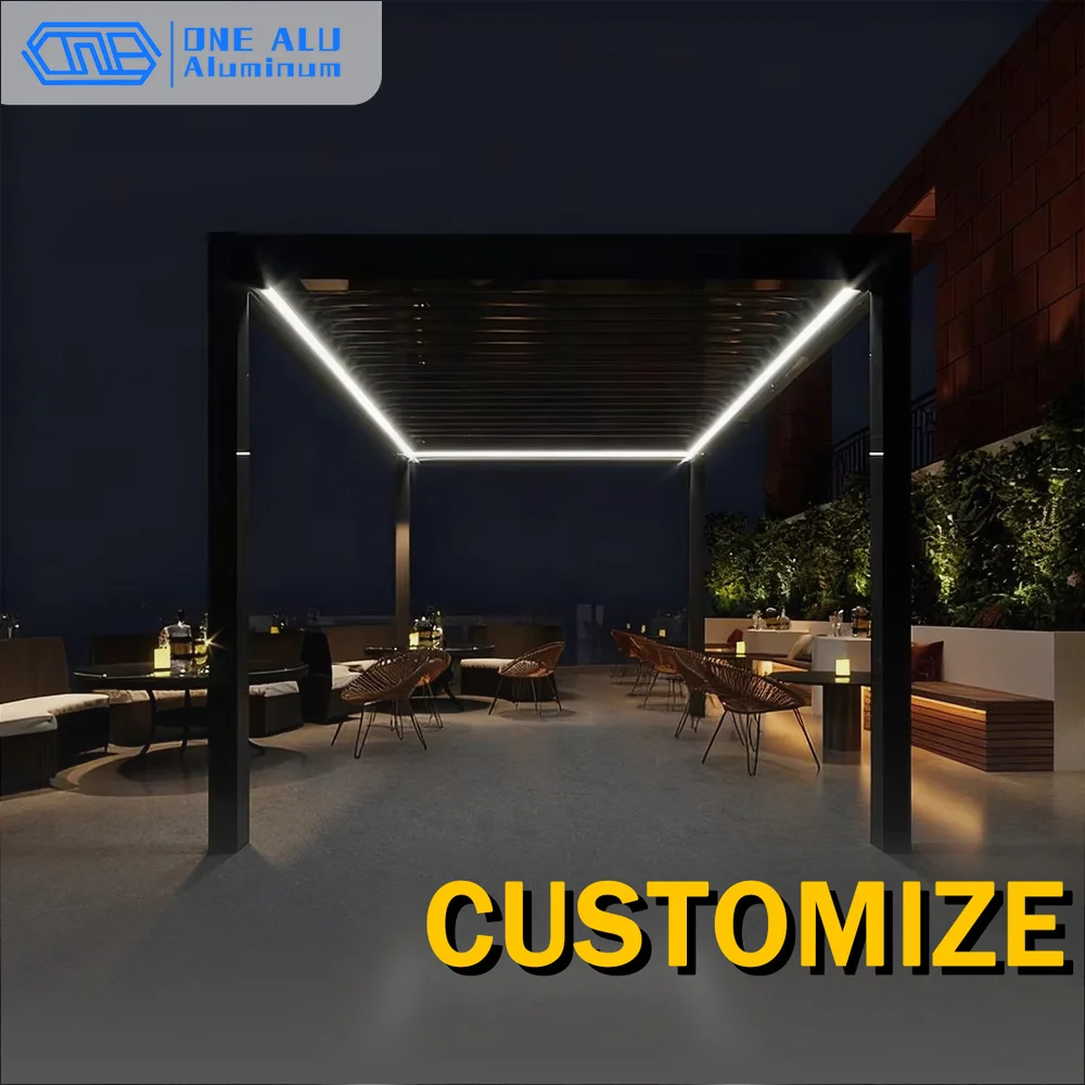 Motorized Bioclimatic Pergola Aluminium LED Lighting Waterproof Louvered Roof Garden Yard Patio Backyard Villa Privacy Carport