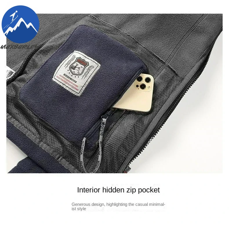 겨울 따뜻한 양털 재킷 남자 등산 더블 두꺼운 포켓 재킷 야외 높은 칼라 방풍 스키 운동복... - 2