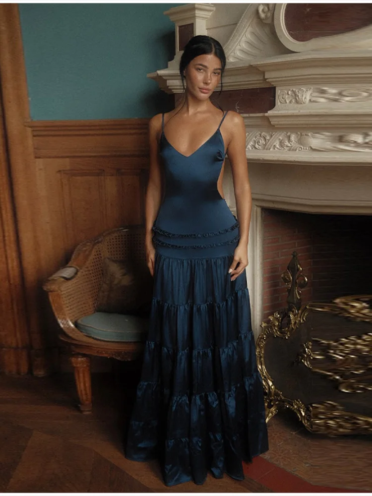 

Элегантное женское платье макси на тонких бретелях с глубоким V-образным вырезом, атласное, с открытой спиной, оборками, сексуальное, для вечеринок, шикарное, для отпуска, вечернее, 2026