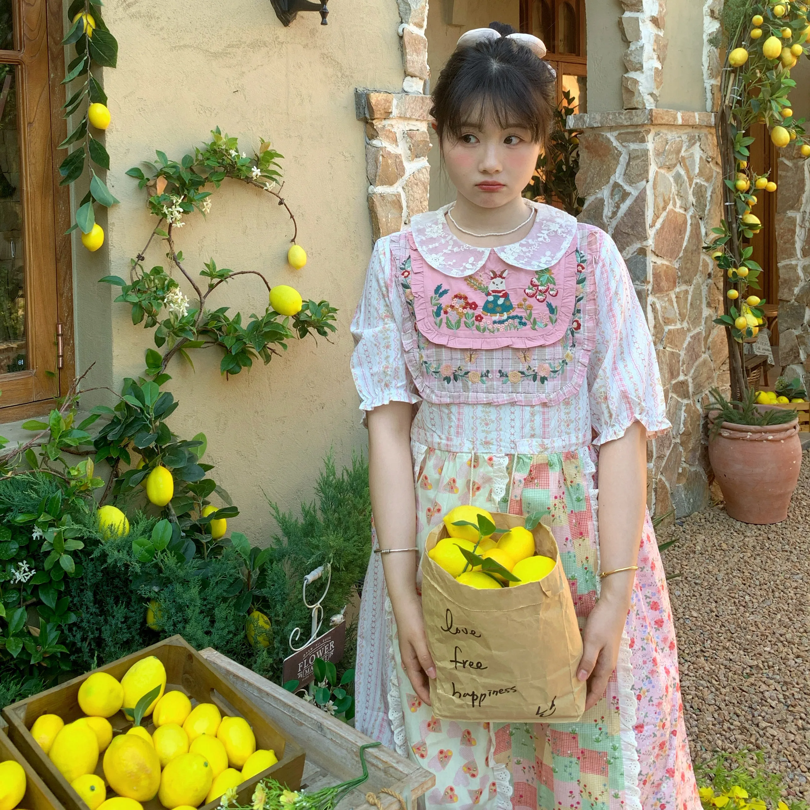 Schattig bloemenborduurwerk ort Sve Kanten kraag Taille Cinched Dr Girl's Summer Dr A-lijn rok Hoge taille Bubble Sve