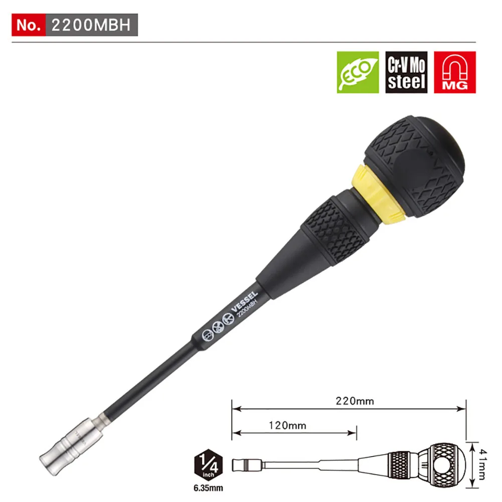 Japan Vessel No.2200MBH Ball Grip Ratchet Screwdriver with Bit Holder