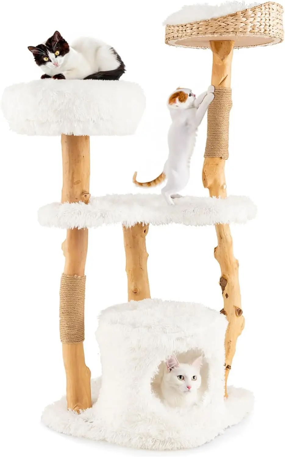 Indoor Cat Tree, Solid Wood, No Specified Color, with Top Cattail Basket Bed, Side Perch, Large Platform & Condo