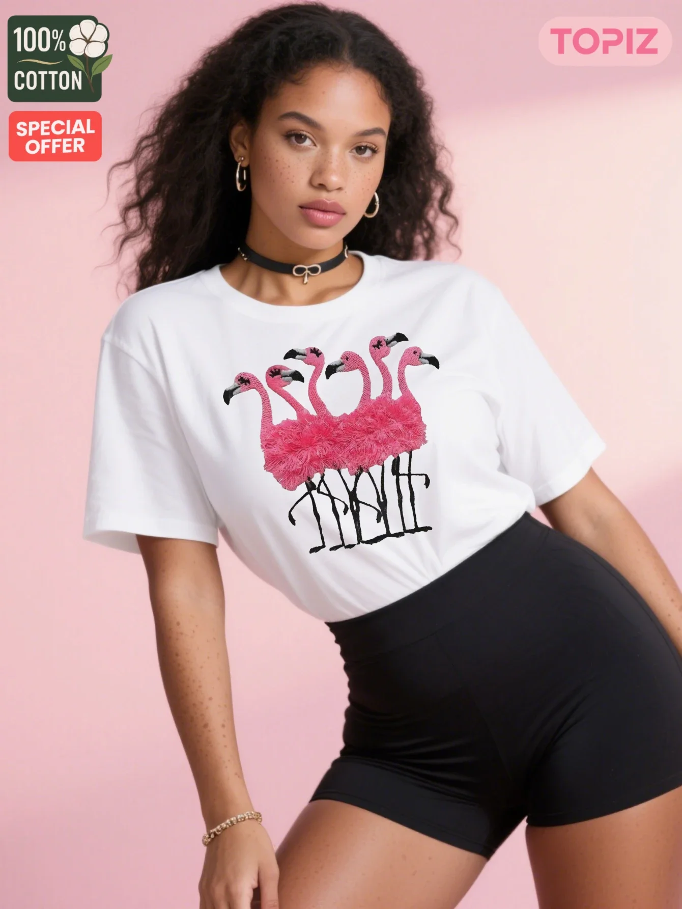 [Plus Size] Women's T-Shirt, Crew Neck Short Sleeve Casual Top,Graphic T-Shirt, Pink Flamingos On White Background, Shirt